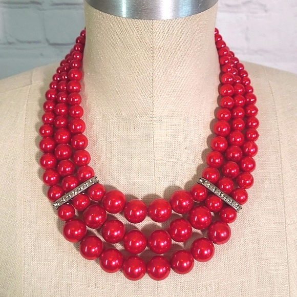 Kosmos Costume Jewelry Cranberry Blood Red Faux Pearl Three Strand Rhinestone - Picture 15 of 17